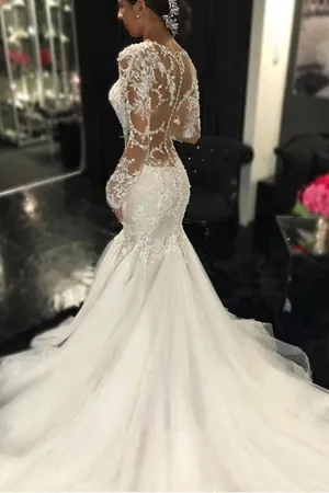 Roycebridal White Long Sleeve Lace See Through Wedding Dress, Elegant Bridal Dresses, MW189