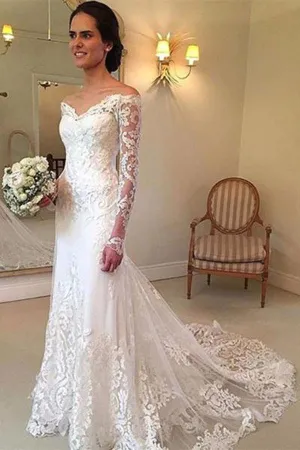 Roycebridal White Long Sleeves Off Shoulder Lace Sweep Train Wedding Dresses, MW236