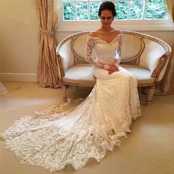 Roycebridal White Long Sleeves Off Shoulder Lace Sweep Train Wedding Dresses, MW236