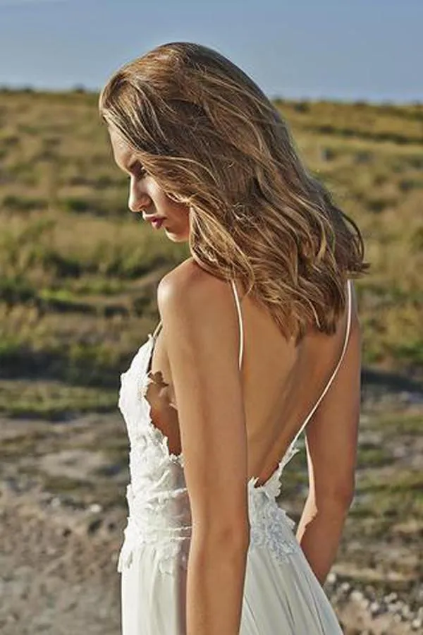 Roycebridal White Spaghetti Straps Open Back Lace Beach Wedding Dresses, MW212