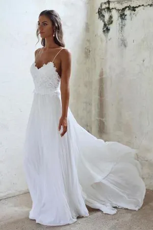 Roycebridal White Spaghetti Straps Open Back Lace Beach Wedding Dresses, MW212