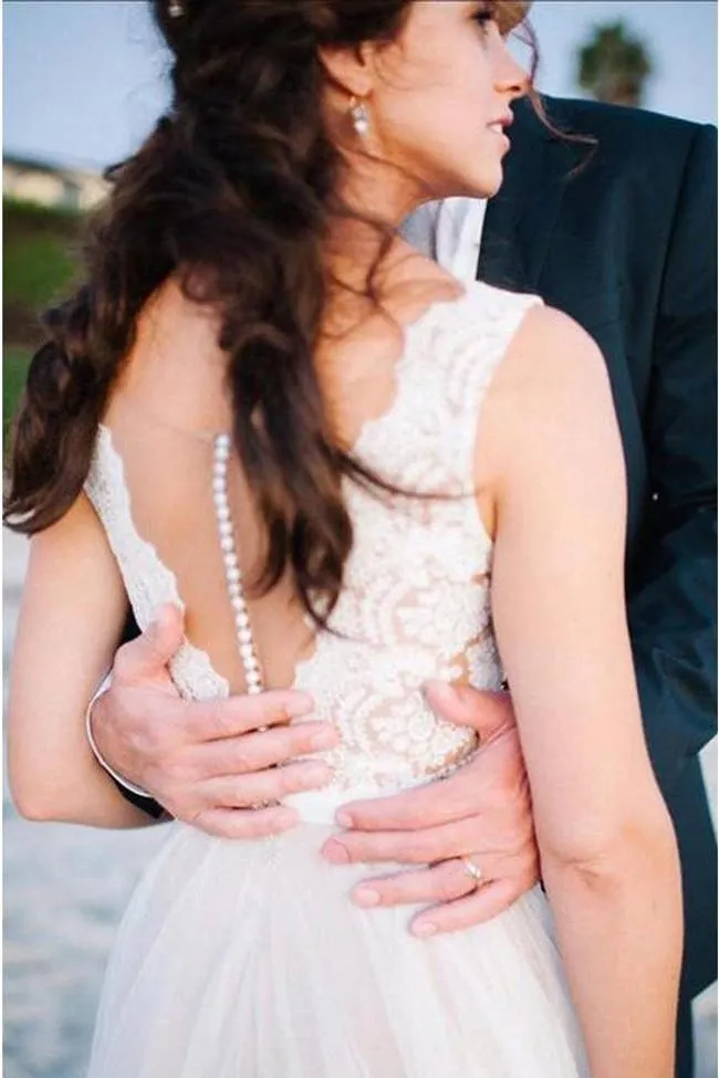 Roycebridal White Tulle Deep V Neck Lace Beach Wedding Dresses, Bridal Dresses, MW210