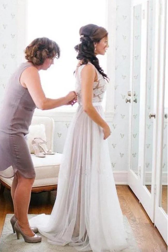 Roycebridal White Tulle Deep V Neck Lace Beach Wedding Dresses, Bridal Dresses, MW210