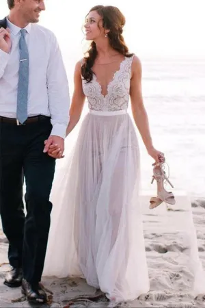 Roycebridal White Tulle Deep V Neck Lace Beach Wedding Dresses, Bridal Dresses, MW210