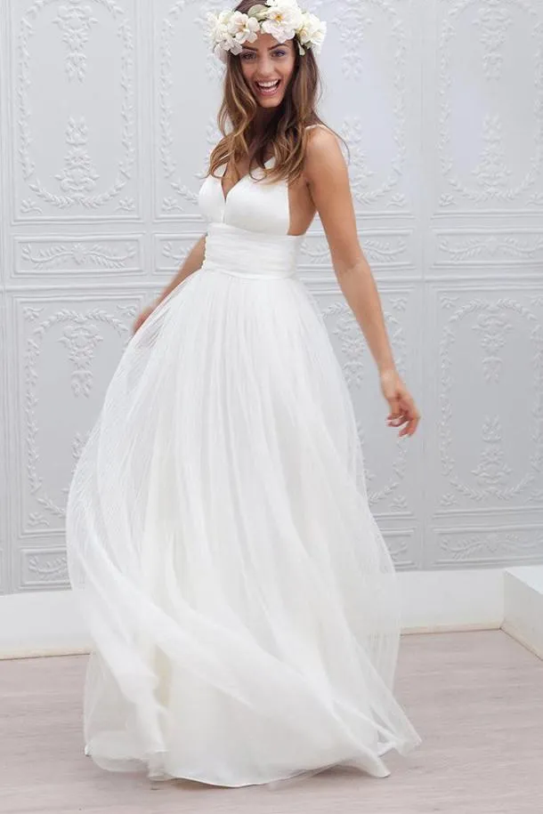 Roycebridal White Tulle V neck Spaghetti Straps Backless Simple Beach Wedding Dresses, MW188