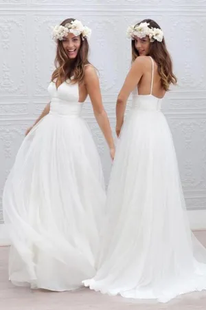 Roycebridal White Tulle V neck Spaghetti Straps Backless Simple Beach Wedding Dresses, MW188