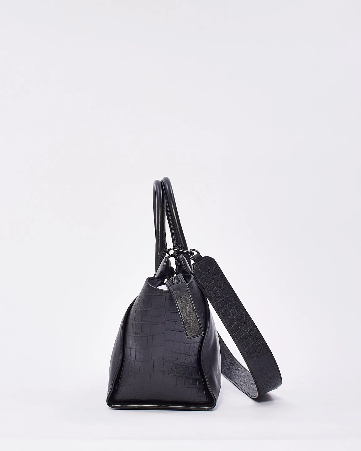 Saint Laurent Black Leather & Croc Embossed Small Downtown Two-Way Cabas Tote Bag