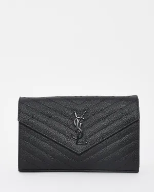 Saint Laurent Black on Black Grain de Poudre Leather Monogram Cassandre Wallet on Chain Bag