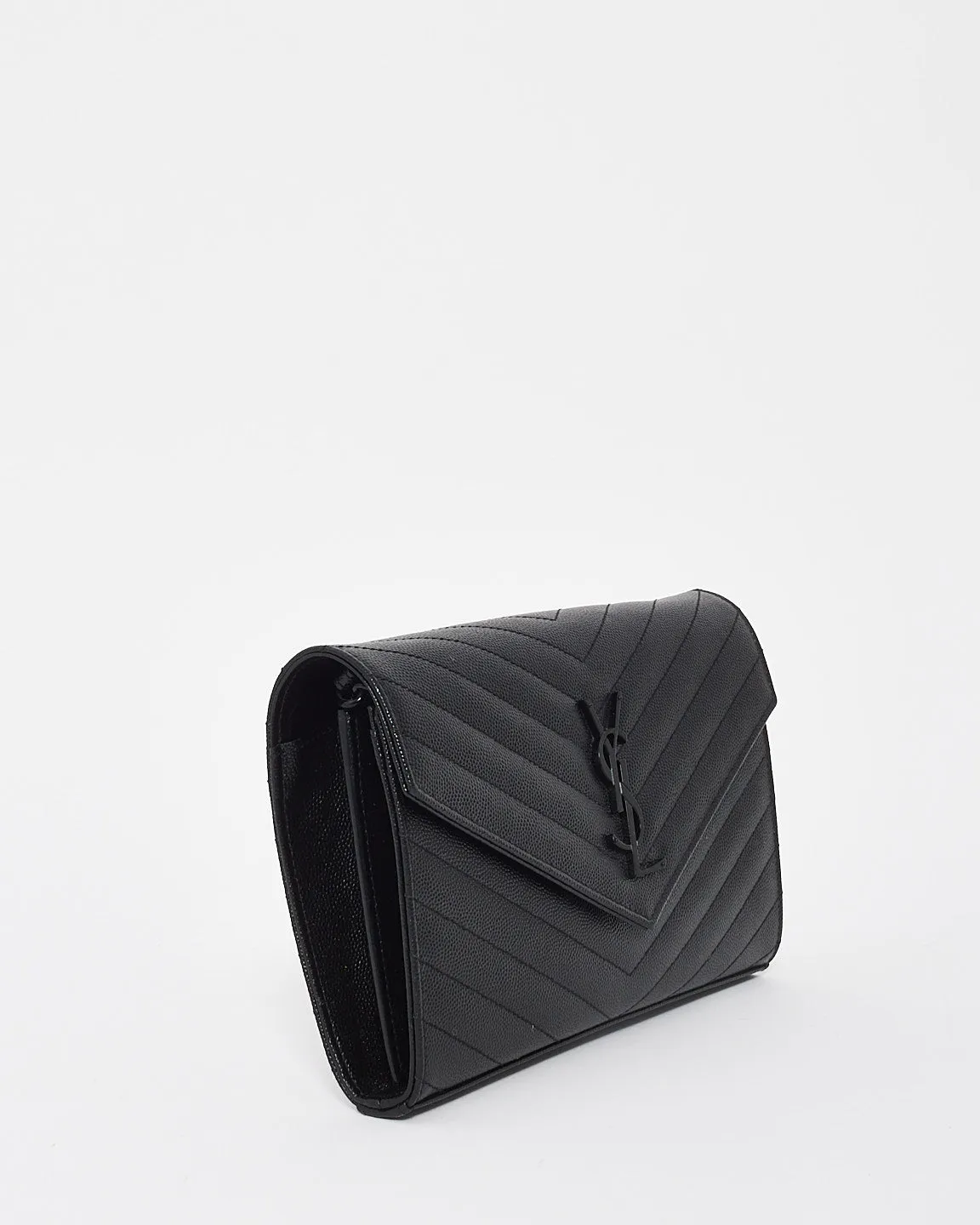 Saint Laurent Black on Black Grain de Poudre Leather Monogram Cassandre Wallet on Chain Bag
