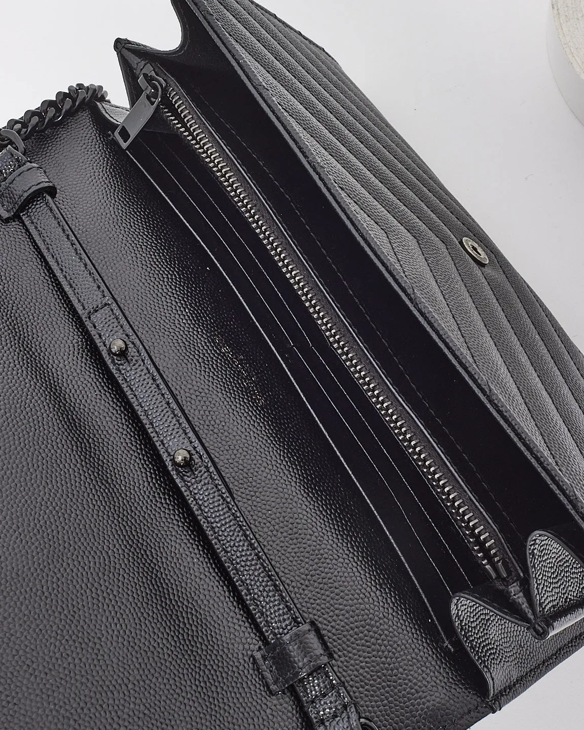 Saint Laurent Black on Black Grain de Poudre Leather Monogram Cassandre Wallet on Chain Bag