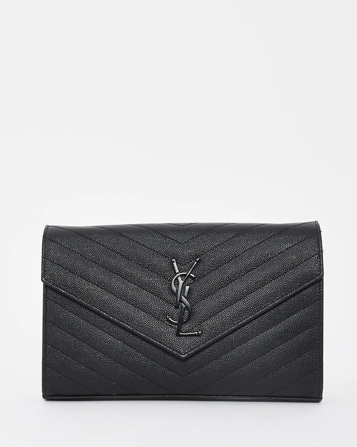 Saint Laurent Black on Black Grain de Poudre Leather Monogram Cassandre Wallet on Chain Bag