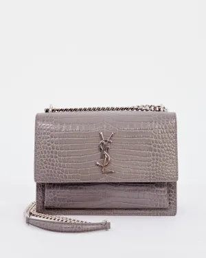 Saint Laurent Grey Croc Embossed Leather Medium Sunset Bag