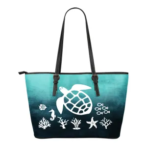 Sea Turtle Art Teal Blue Ombre Tote Bag Vegan Leather