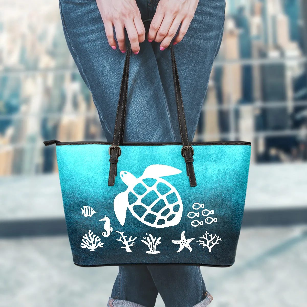 Sea Turtle Art Teal Blue Ombre Tote Bag Vegan Leather