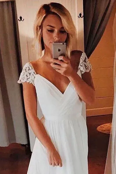 Simple Chiffon A-line Cap Sleeve V-neck Bohemian Beach Wedding Dresses, SW294