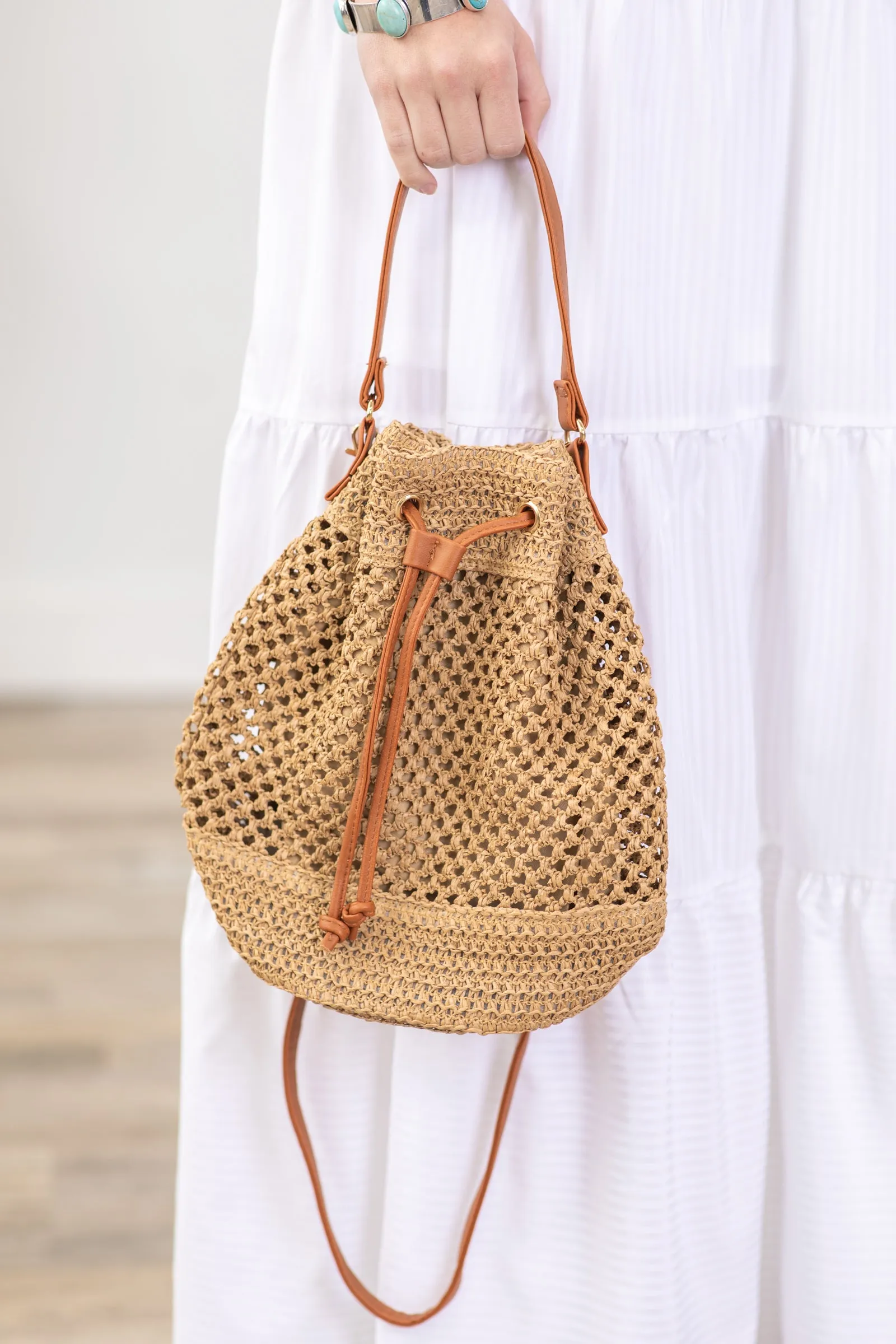Tan Rope Woven Bucket Bag