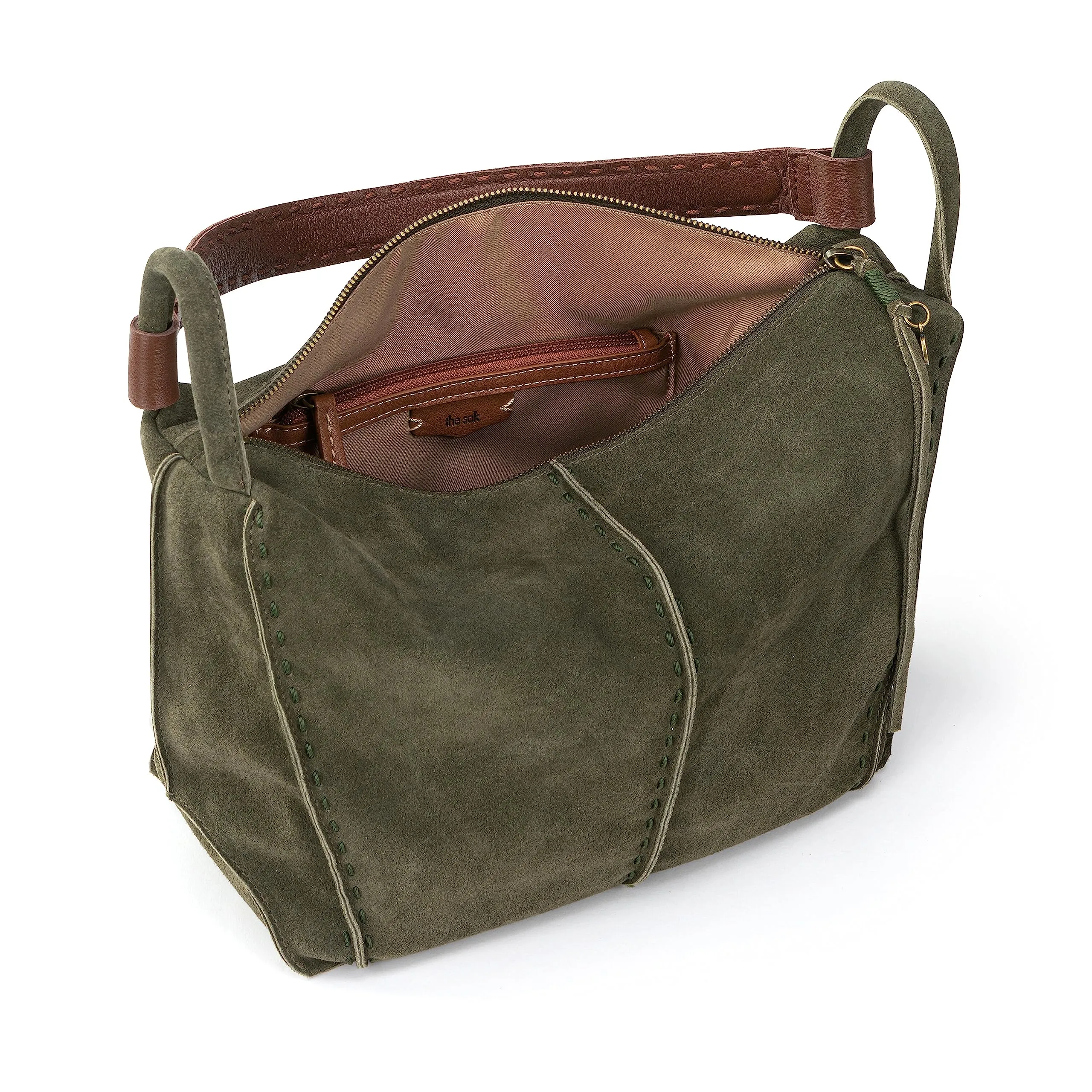 The Sak Los Feliz Hobo in Leather, Lined Shoulder Purse, Moss Suede