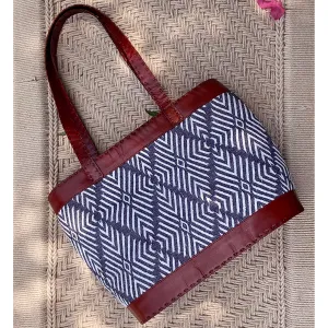 Tilonia@ Leather Tote Bag with Blue & White Diamond Fabric