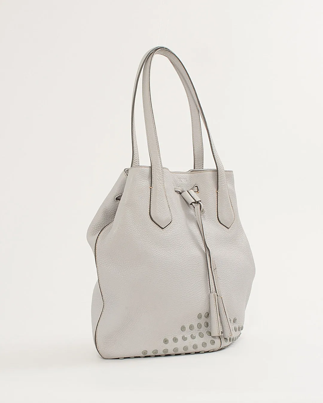 Tod's Cloud Grey Leather Studded Hobo Shoulder Bag