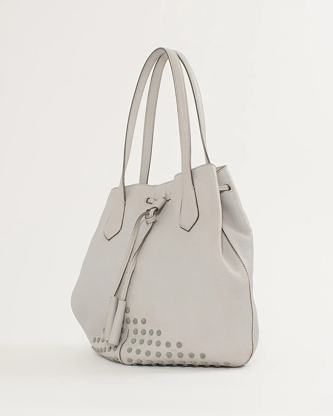 Tod's Cloud Grey Leather Studded Hobo Shoulder Bag