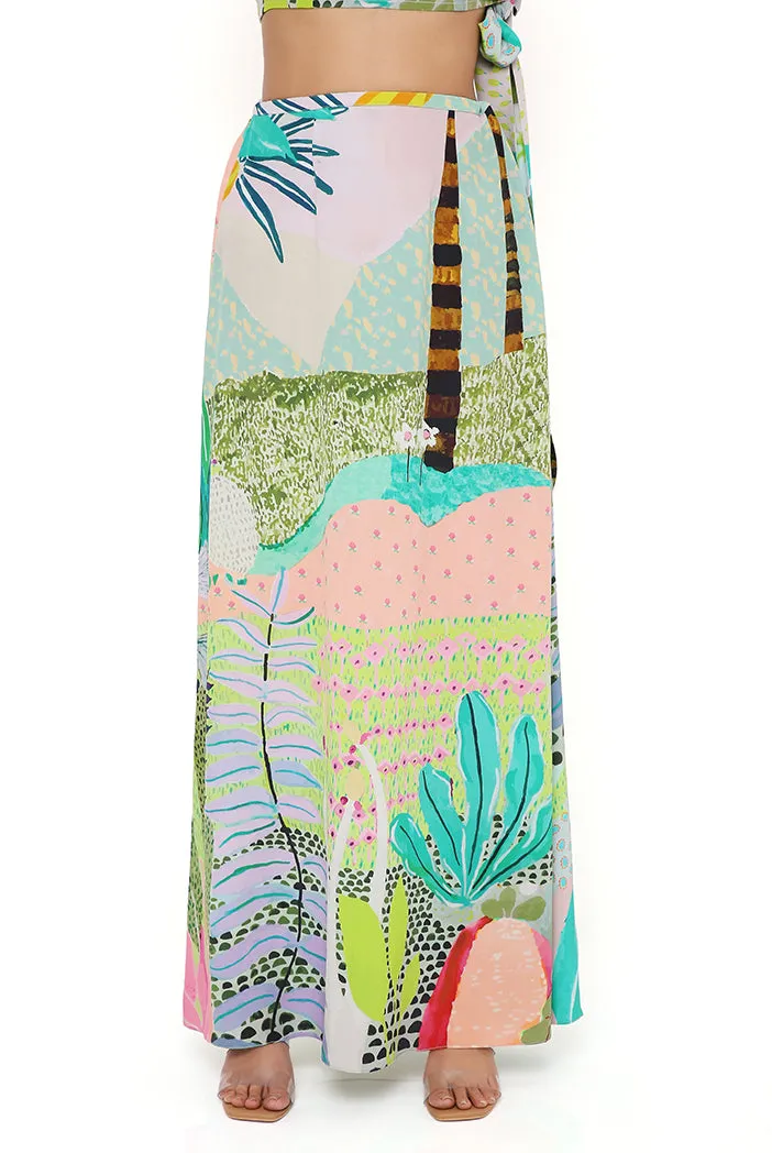 TROPICAL PRINT CREPE ONE SHOULDER TOP AND SKIRT