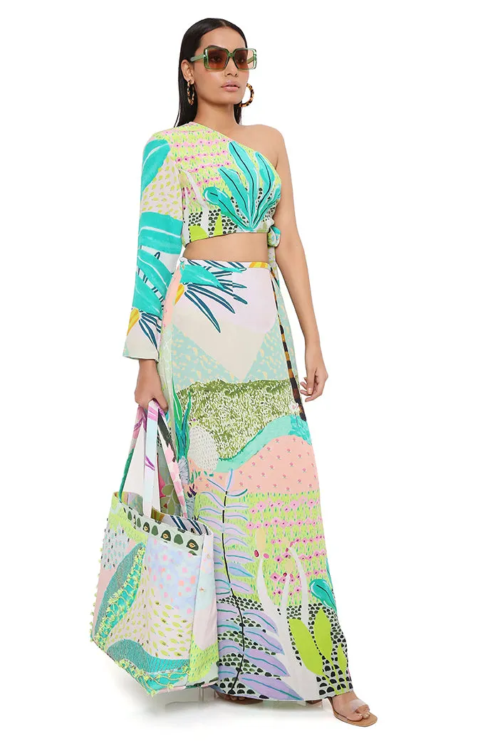 TROPICAL PRINT CREPE ONE SHOULDER TOP AND SKIRT