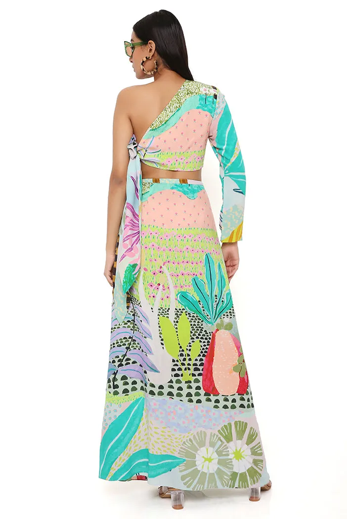 TROPICAL PRINT CREPE ONE SHOULDER TOP AND SKIRT