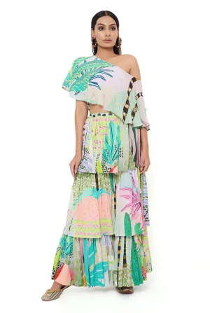 TROPICAL PRINT GEORGETTE EMBRODIERED ONE SHOULDER CAPE WITH A BUSTIER AND FRILL SHARARA
