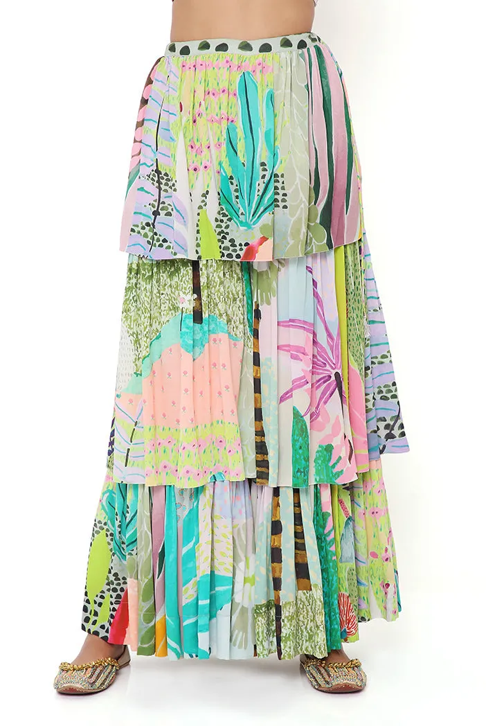TROPICAL PRINT GEORGETTE EMBRODIERED ONE SHOULDER CAPE WITH A BUSTIER AND FRILL SHARARA