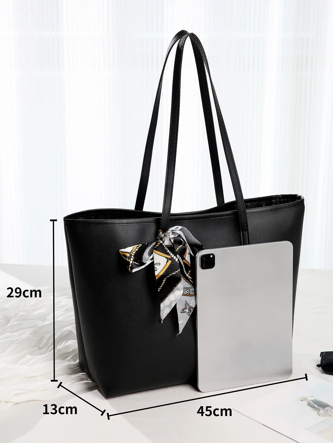 Twilly Scarf Decor Shoulder Tote Bag - Black