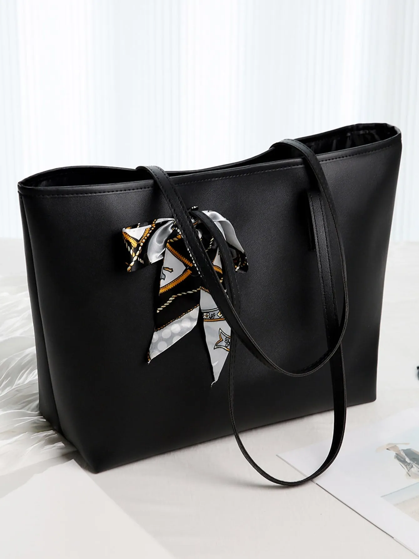Twilly Scarf Decor Shoulder Tote Bag - Black