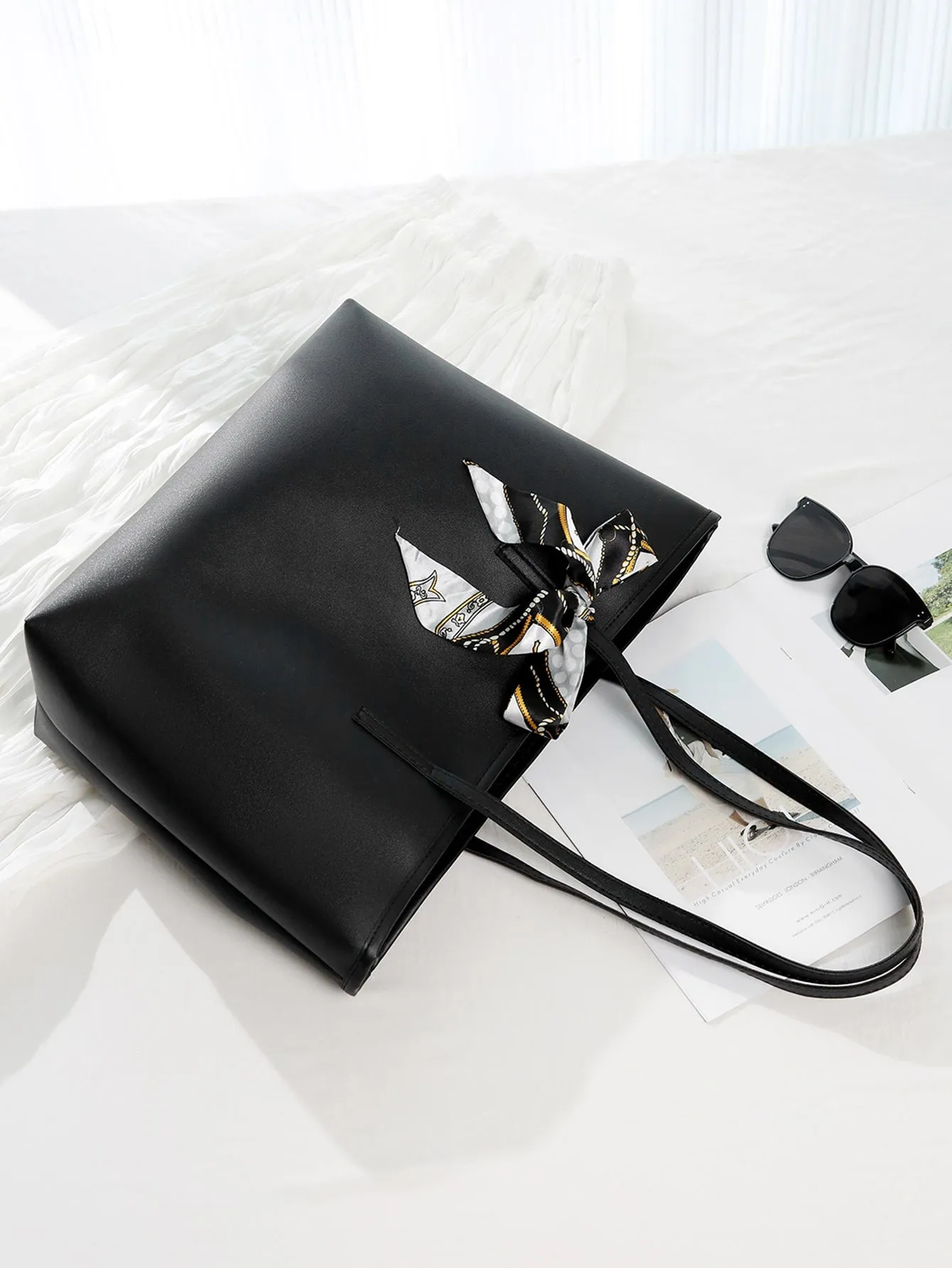 Twilly Scarf Decor Shoulder Tote Bag - Black
