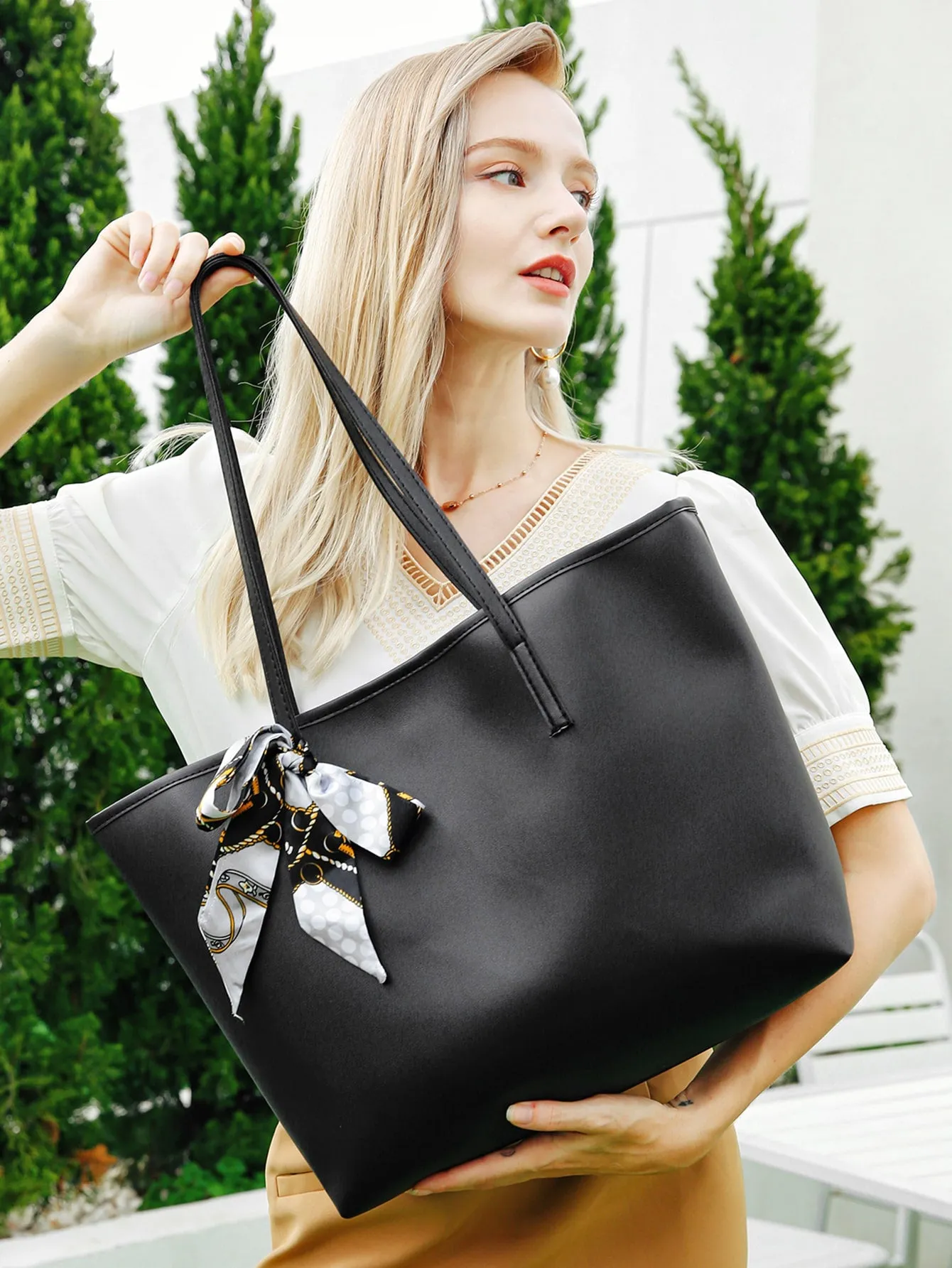 Twilly Scarf Decor Shoulder Tote Bag - Black