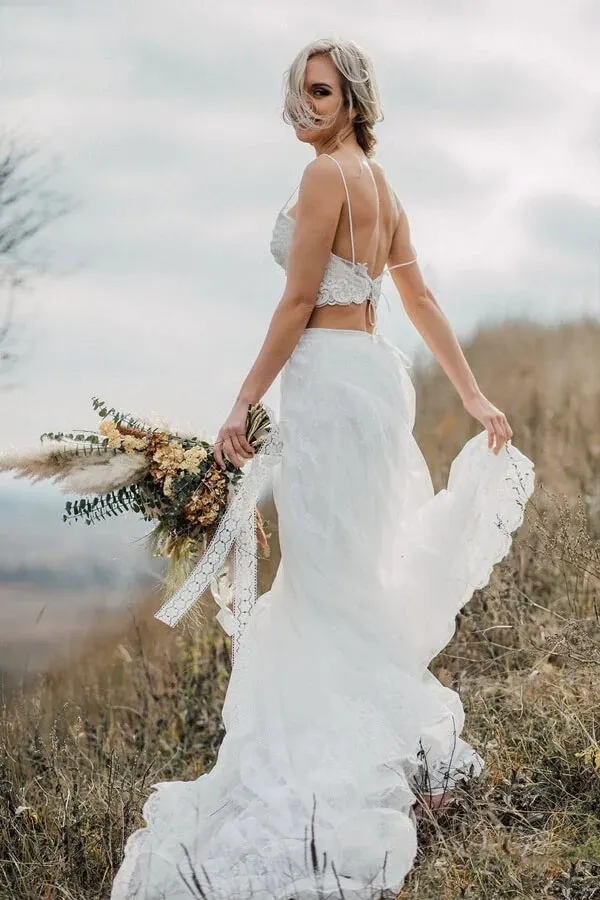 Two Pieces Lace Appliques Spaghetti Straps Wedding Dresses Bridal Gown WD628