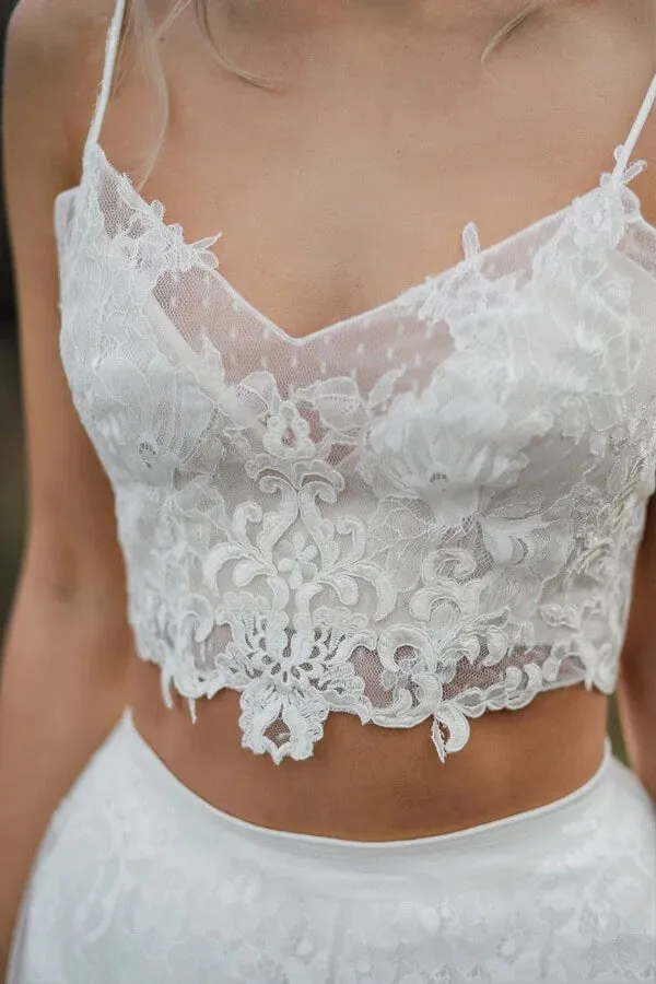 Two Pieces Lace Appliques Spaghetti Straps Wedding Dresses Bridal Gown WD628