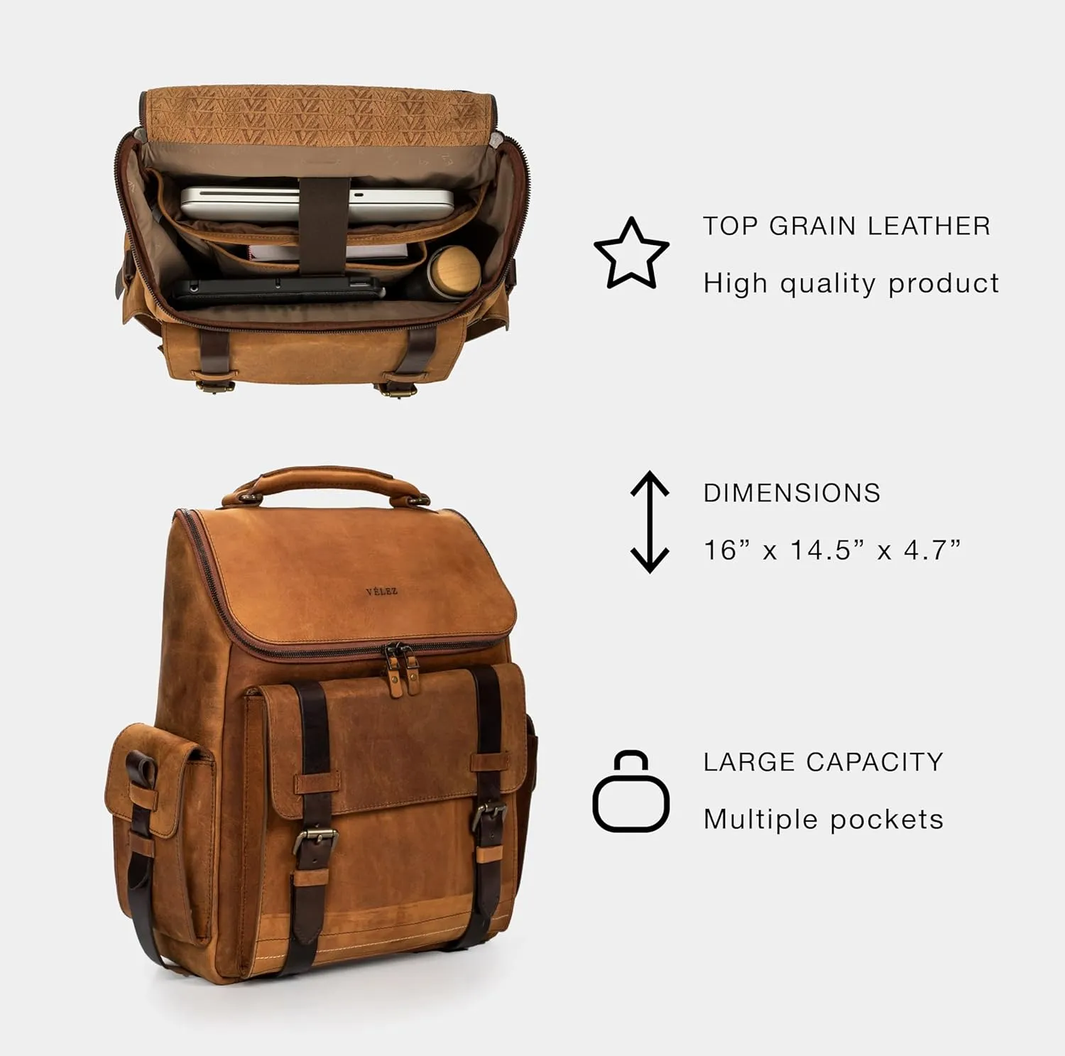 VELEZ Leather Backpack for Men - 15.6 Inch Laptop Bag - Designer Bookbag