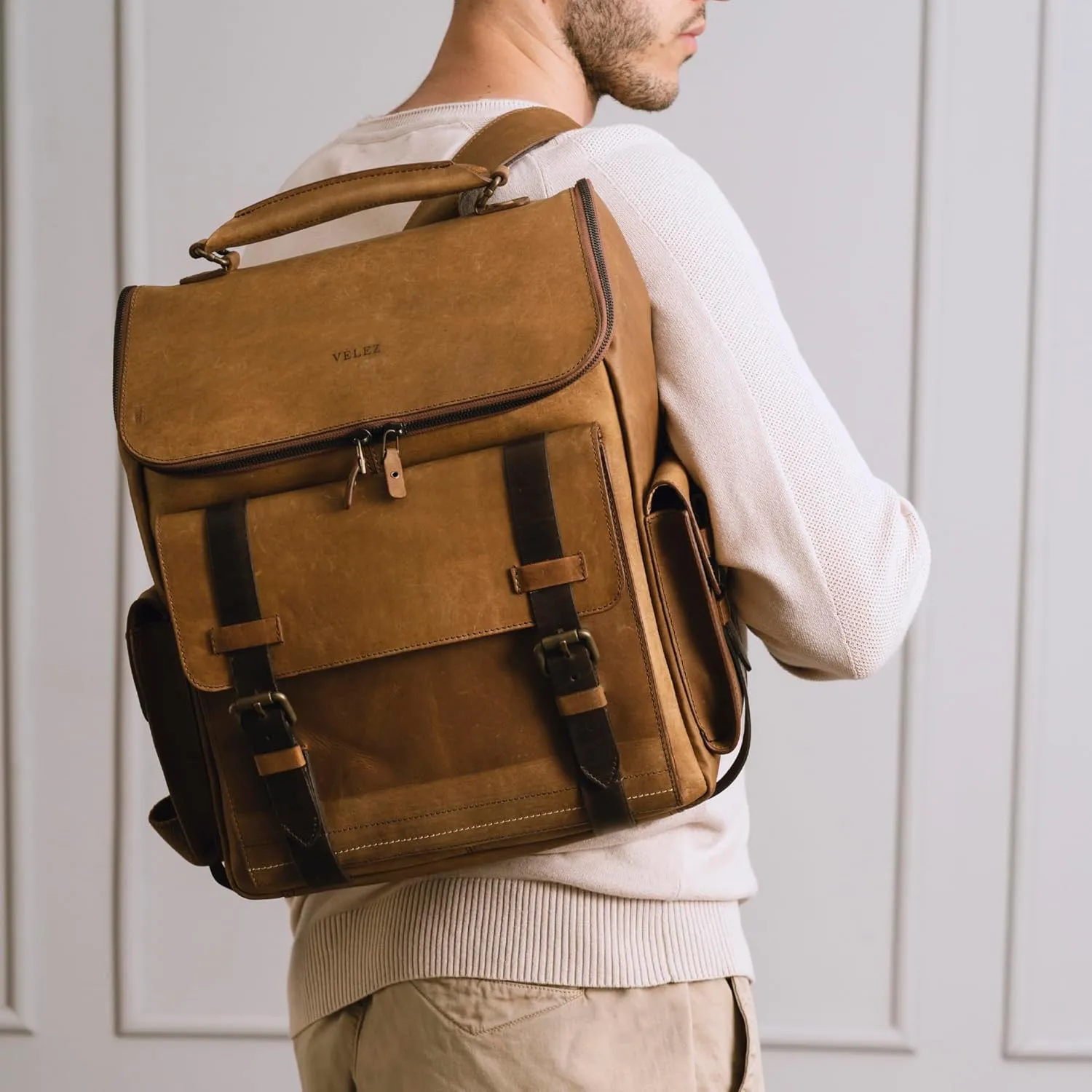 VELEZ Leather Backpack for Men - 15.6 Inch Laptop Bag - Designer Bookbag