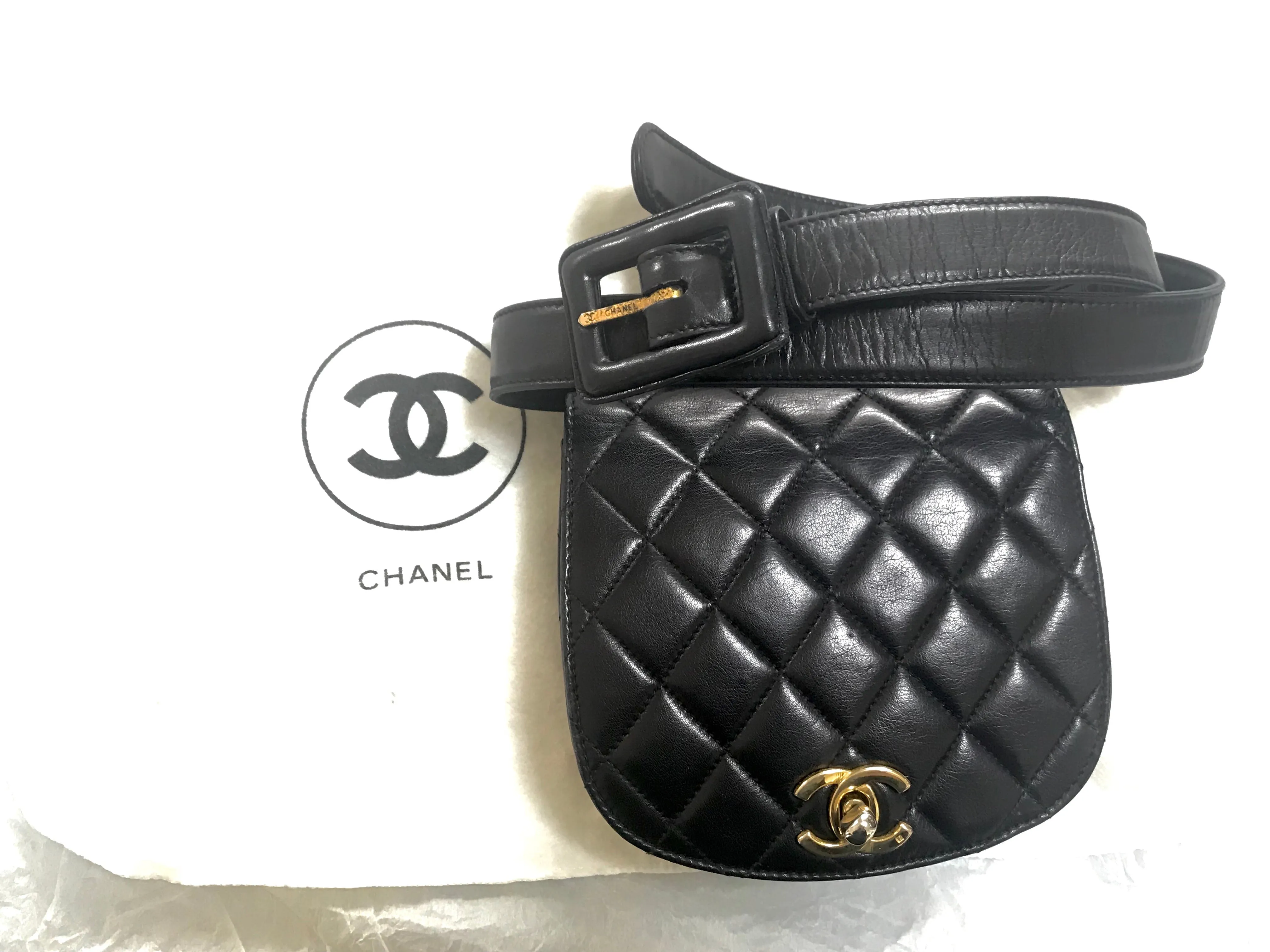 Vintage CHANEL 2.55 black fanny pack, belt bag with round flap and golden CC closure hock. Rare must have piece.