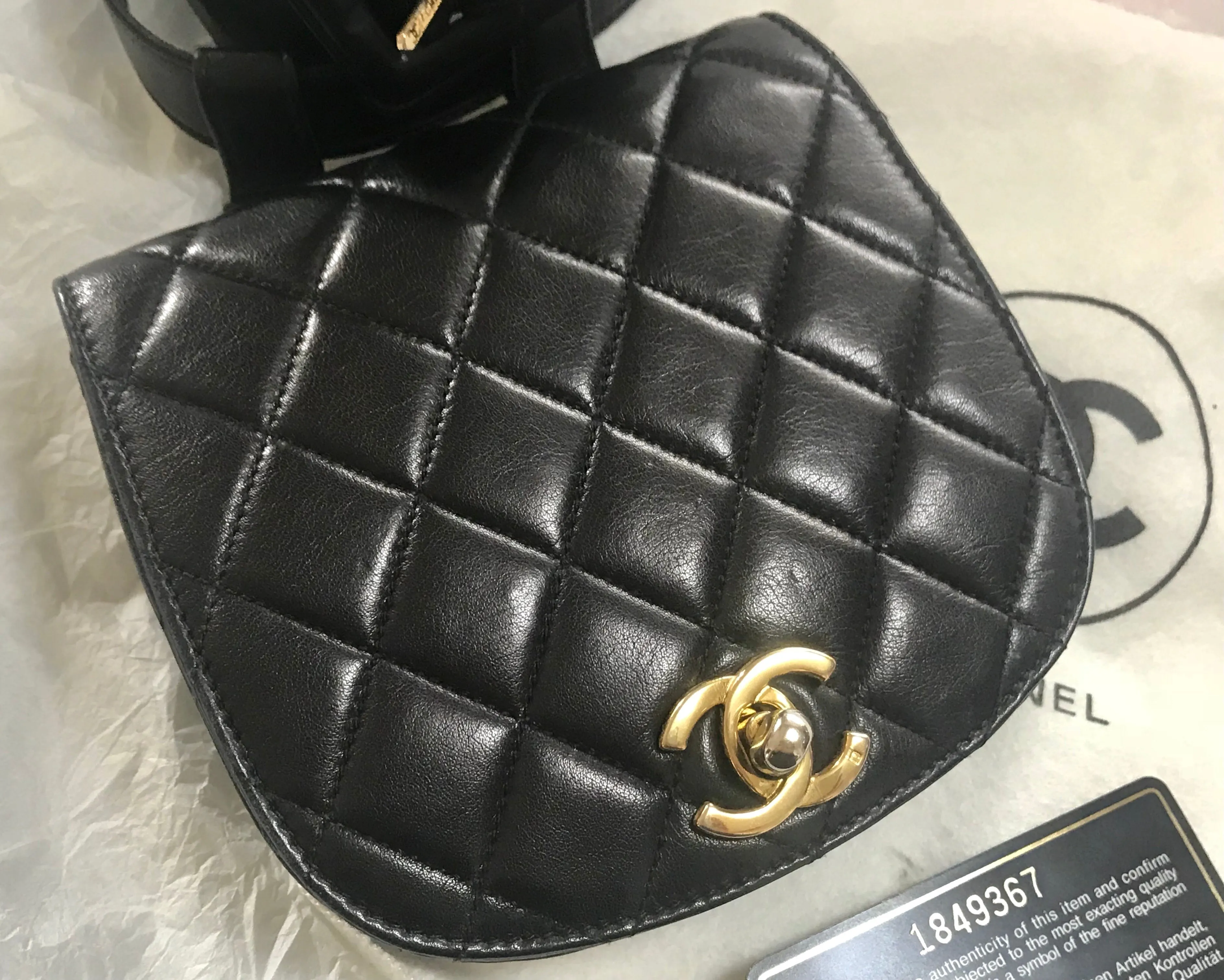 Vintage CHANEL 2.55 black fanny pack, belt bag with round flap and golden CC closure hock. Rare must have piece.