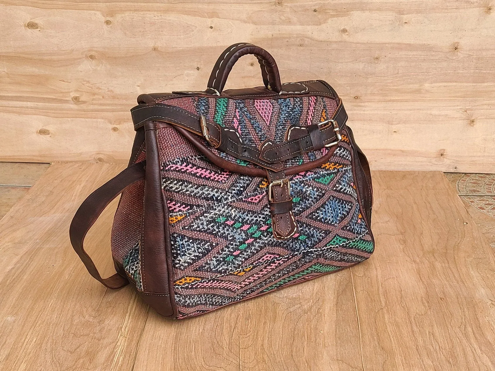 Vintage kilim & leather bag kilim boho handbag | handmade travel moroccan weekender duffel | women hobo carry on bag | unique travel bag