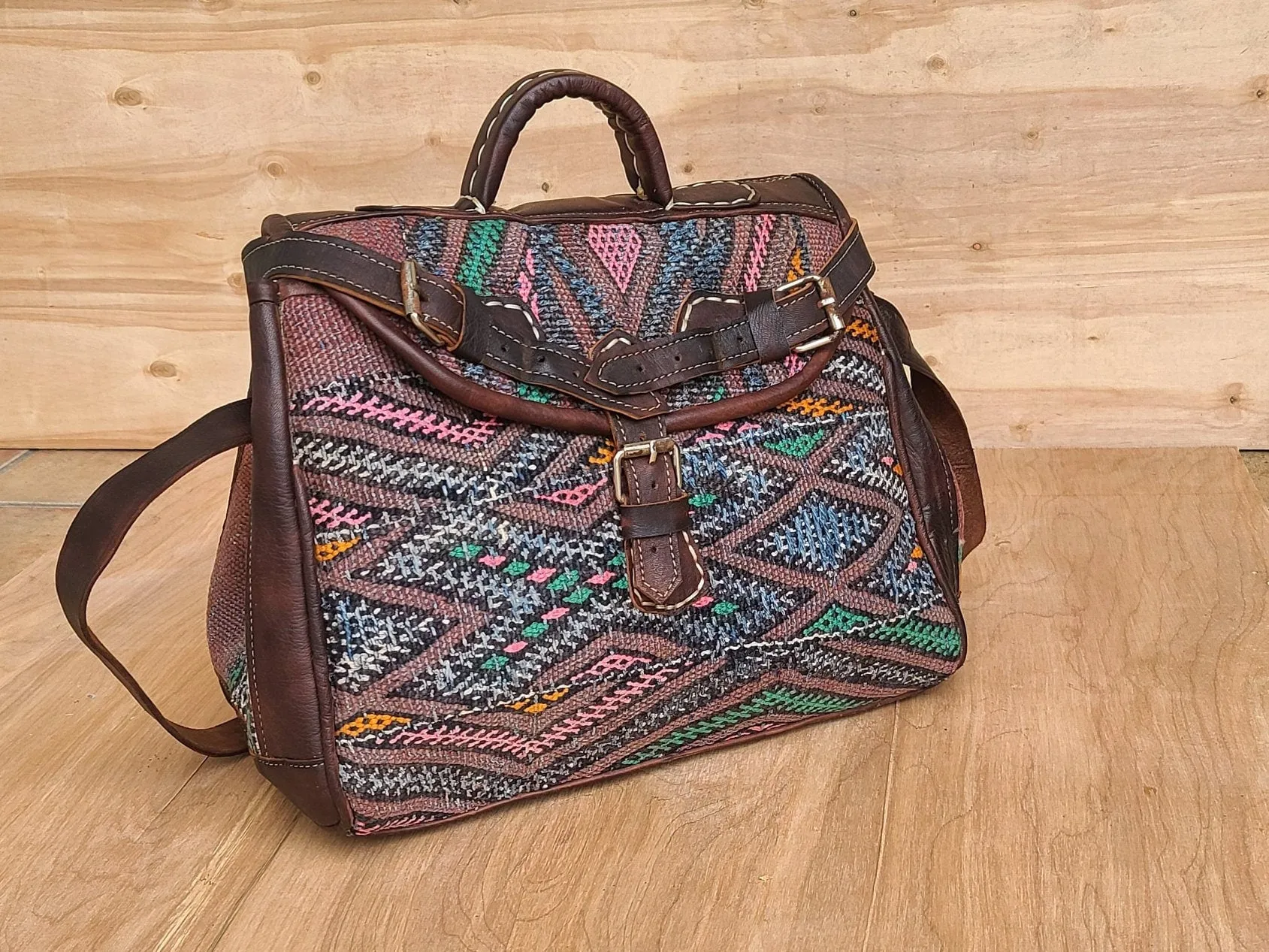 Vintage kilim & leather bag kilim boho handbag | handmade travel moroccan weekender duffel | women hobo carry on bag | unique travel bag