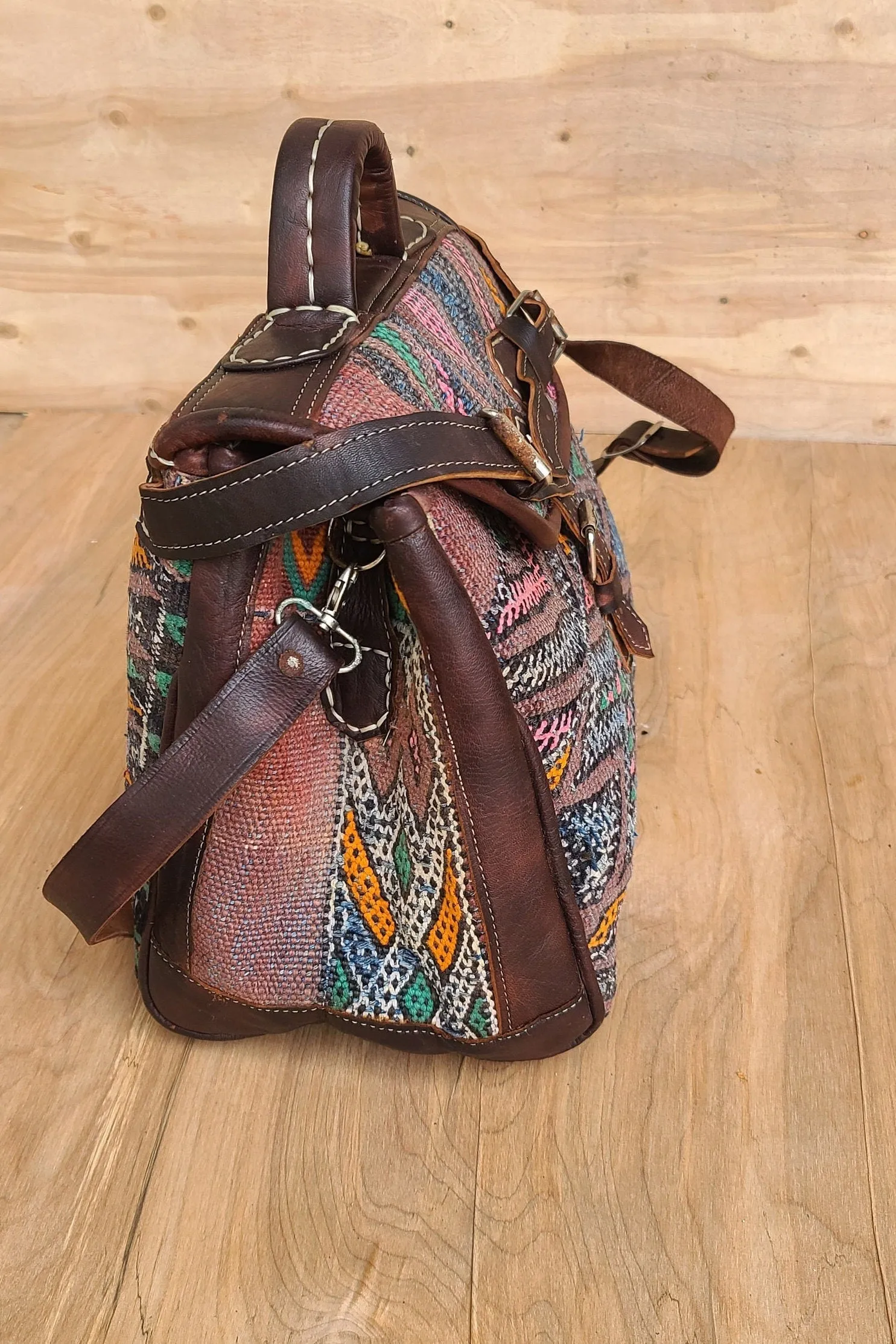 Vintage kilim & leather bag kilim boho handbag | handmade travel moroccan weekender duffel | women hobo carry on bag | unique travel bag