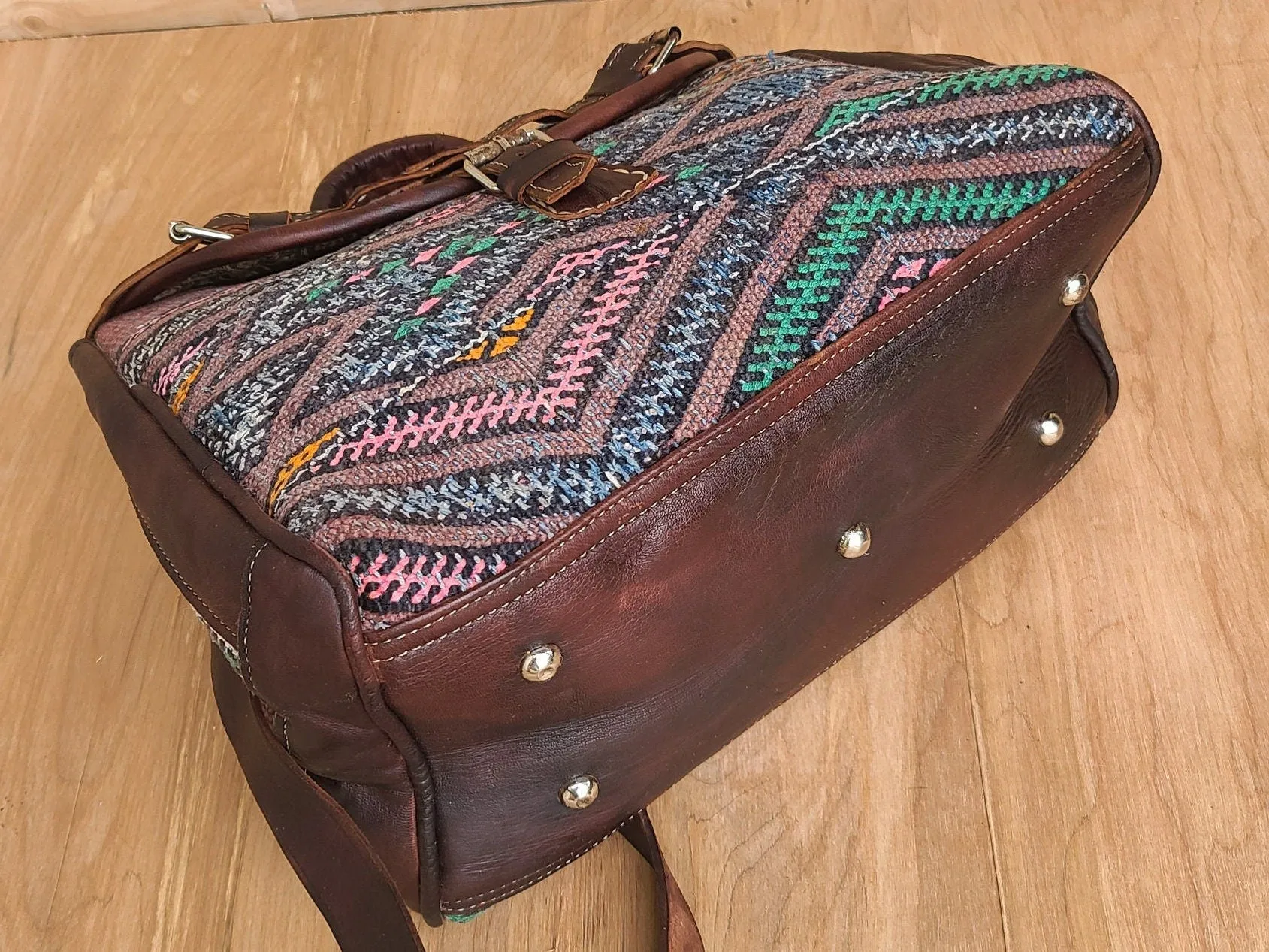 Vintage kilim & leather bag kilim boho handbag | handmade travel moroccan weekender duffel | women hobo carry on bag | unique travel bag