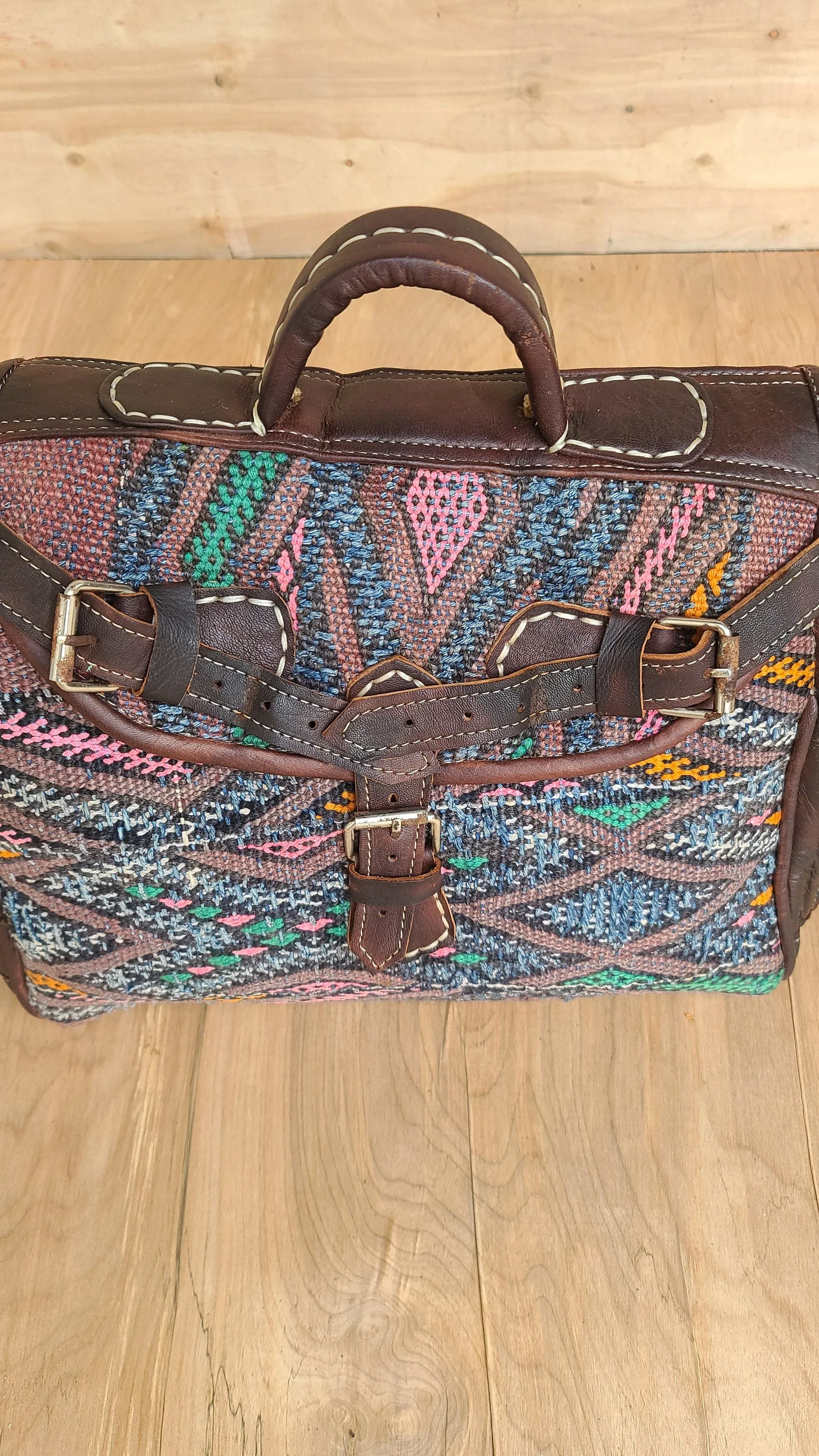 Vintage kilim & leather bag kilim boho handbag | handmade travel moroccan weekender duffel | women hobo carry on bag | unique travel bag