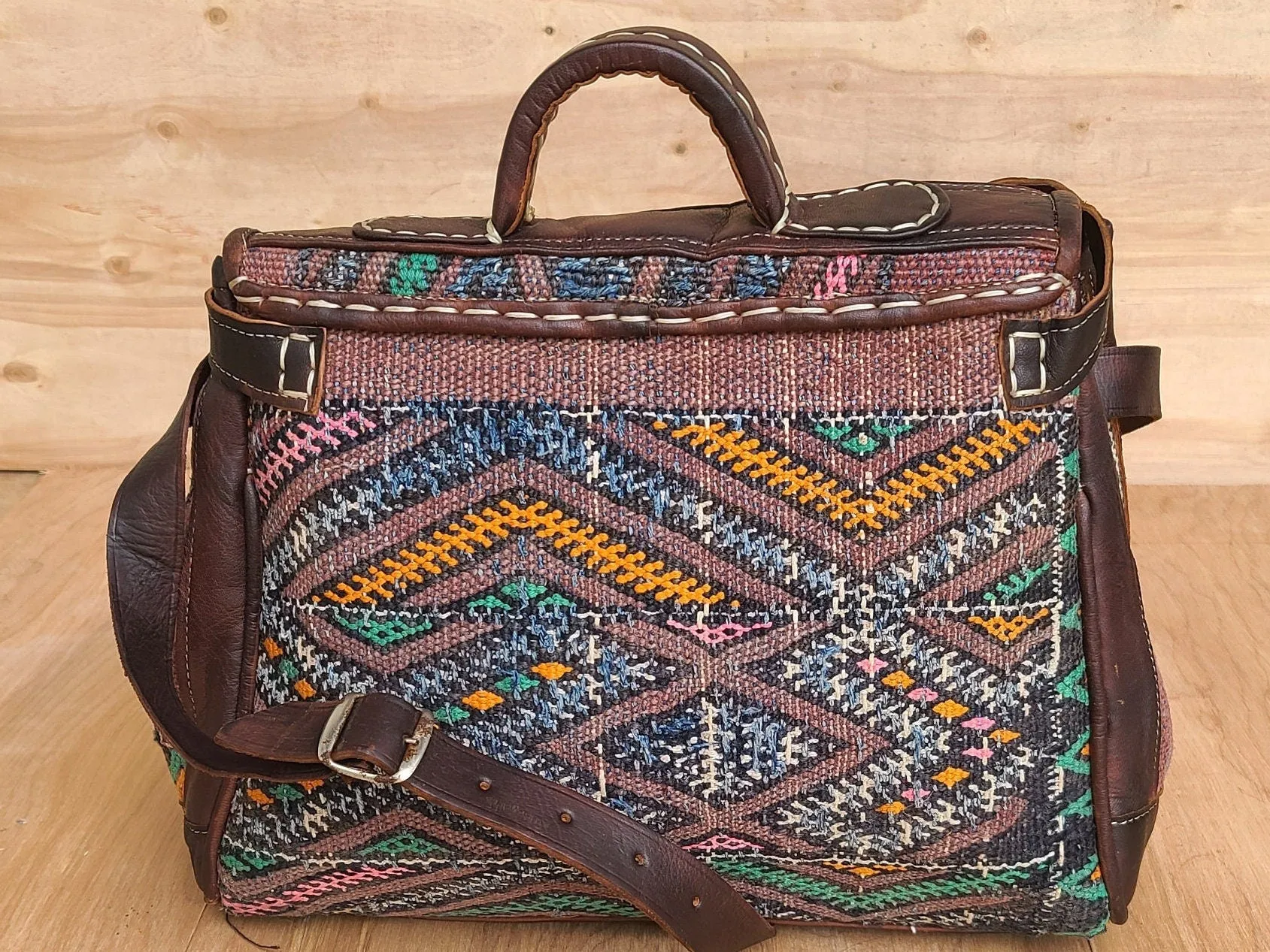 Vintage kilim & leather bag kilim boho handbag | handmade travel moroccan weekender duffel | women hobo carry on bag | unique travel bag