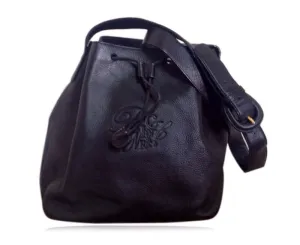 Vintage Nina Ricci genuine black leather classic hobo bucket shoulder bag with embossed logo. Maroquineri collection. Made in Italy