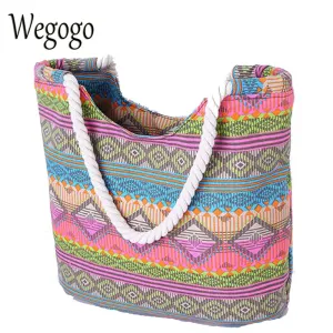 Wegogo Women Handbag Vintage Boho Colorful Canvas Bags Casual Travel Big Shoulder Bag Floral Printing Shopping Bag Beach Bags