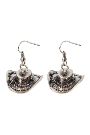 Western 3D Cowboy Hat Fish Hook Earrings Burnish Silver Turquoise - Pack of 6