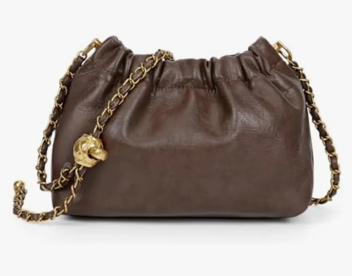 Womens Leather Chain Boho Pleated Trendy Drawstring Small Bag Tote Shoulder Handbag Crossbody Bags