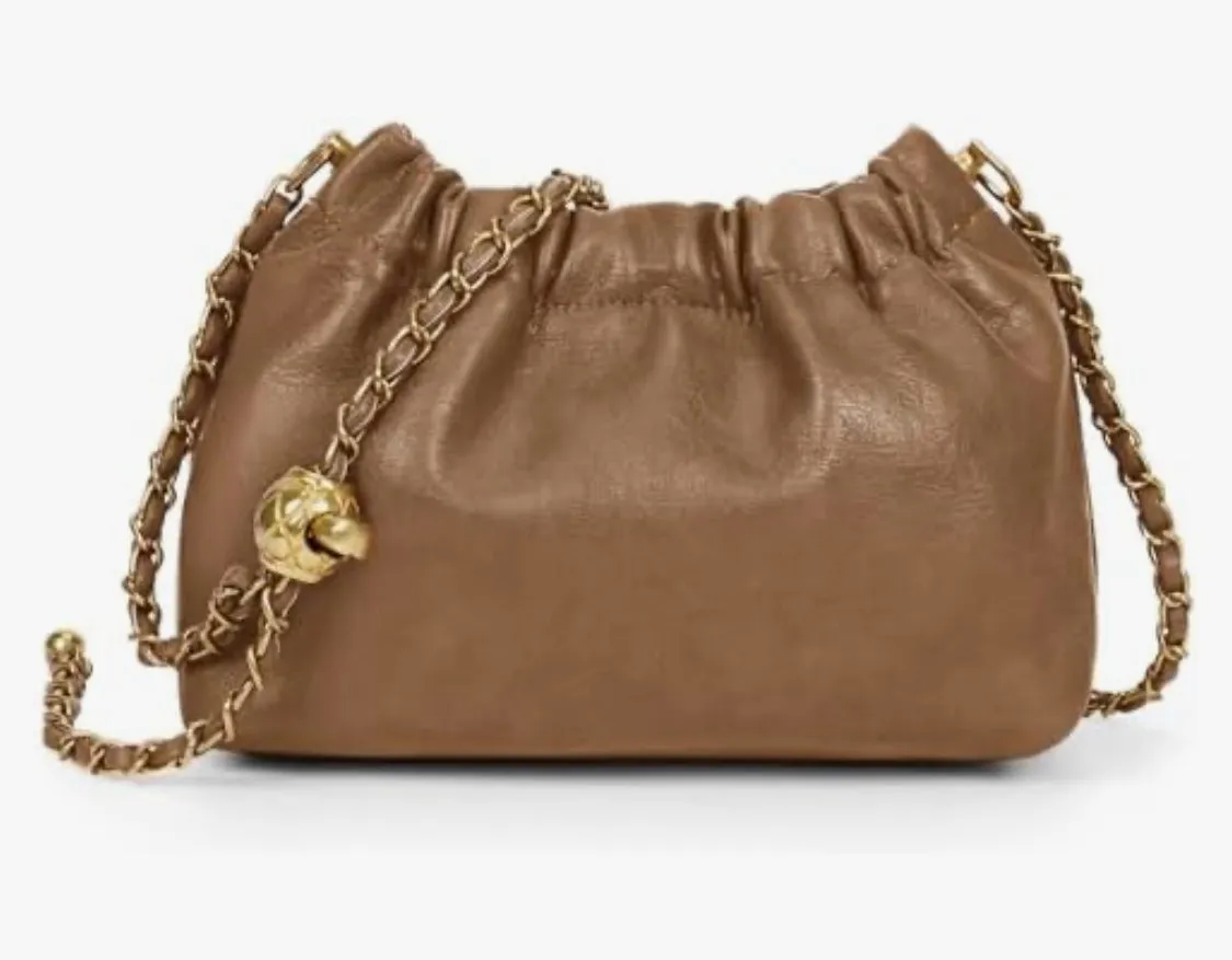 Womens Leather Chain Boho Pleated Trendy Drawstring Small Bag Tote Shoulder Handbag Crossbody Bags